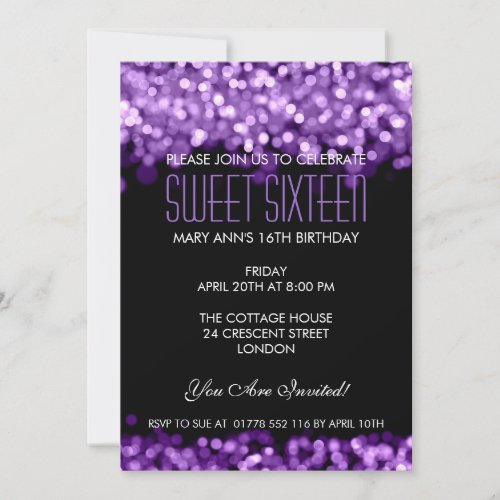 Elegant Sweet Sixteen Sparkling Lights Purple Personalized Invitation
