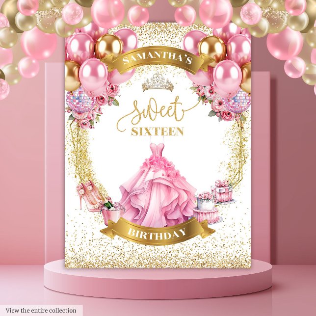 Elegant Sweet Sixteen Tapestry Pink Dress Glitter  (Elegant Sweet Sixteen Tapestry Pink Dress Glitter Gold)