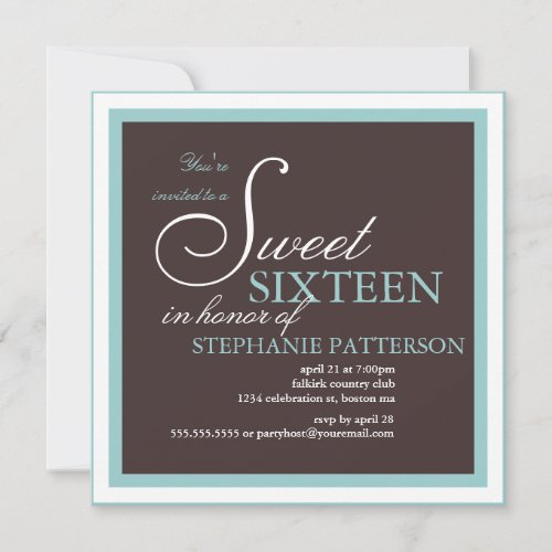 Elegant Sweet Sixteen Teal Brown Party Invitation