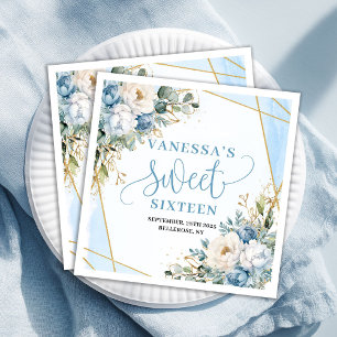 Elegant Sweet Sixteen Watercolor Blue Floral Paper Dinner Napkins