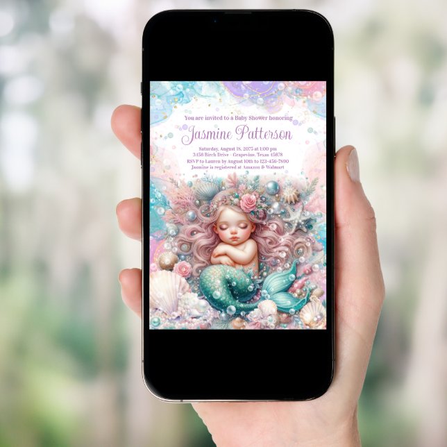 Elegant Sweet Sleeping Mermaid Baby Shower Invitation (Front Digital)