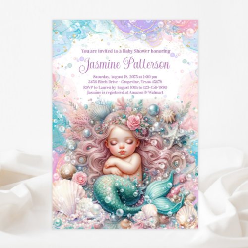 Elegant Sweet Sleeping Mermaid Baby Shower Invitation