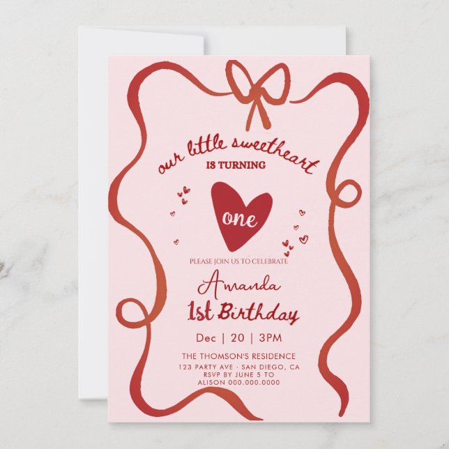 Elegant Sweetheart Valentines Hand Drawn Birthday Invitation (Front)