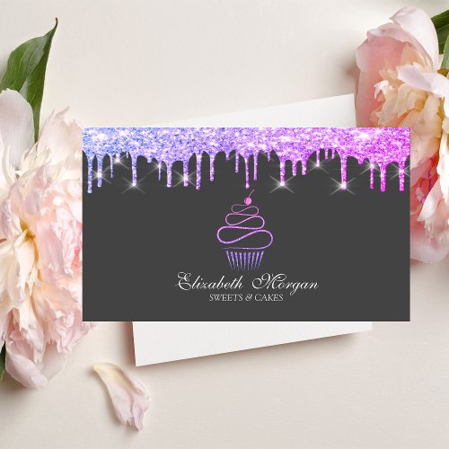 Elegant  Sweets Glitter Cupcake Violet Drips  Business Card