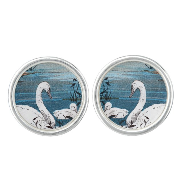 Elegant Swimming White Swan Baby Swan Cufflinks (Front)