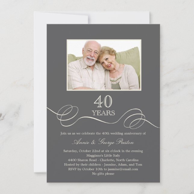 Elegant Swirl Anniversary Photo Invitation - Gray (Front)