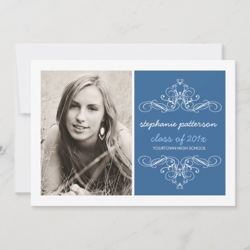 Elegant Swirl Modern Vintage Photo Graduation Blue Custom Announcement