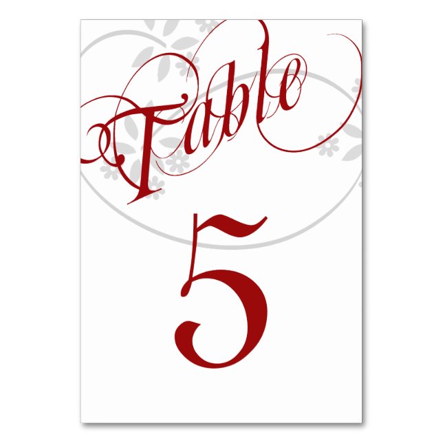 Elegant Swirl, Red and White, Custom Table Number (Front)