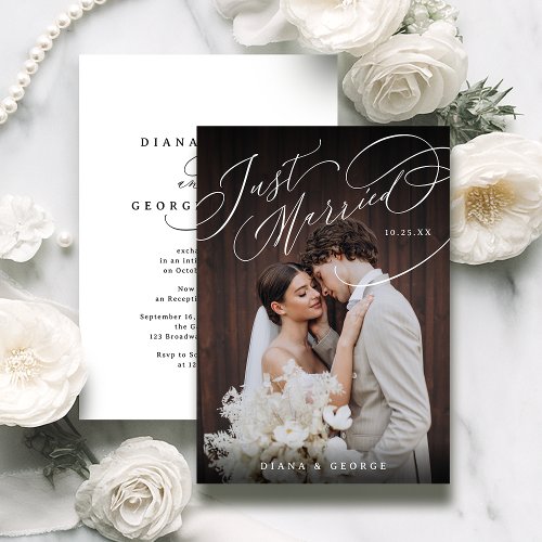 Elegant Swirl Script Just Married Photo Reception