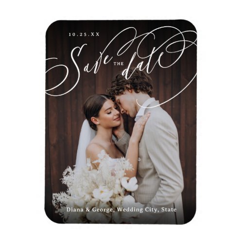 Elegant swirl script photo wedding save the date magnet