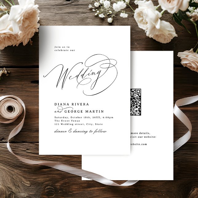 Elegant Swirl Script Simple QR code Wedding Invitation (Elegant Swirl Script Simple QR code Wedding Invitation)