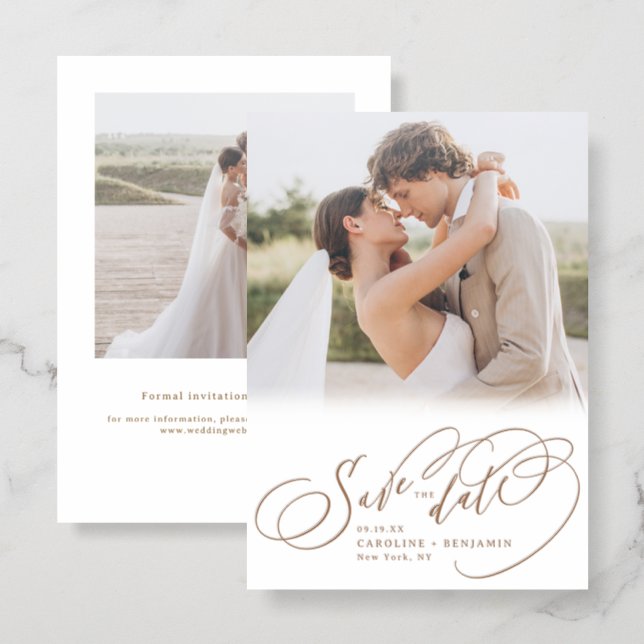 Elegant Swirl Script Simple Save The Date Letterpress Photo Cards (Front/Back)