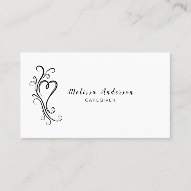 Elegant Swirling Heart Black and White Business Card (Front)