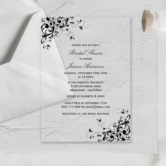 Elegant Swirls Black & White Bridal Shower Acrylic Invitations (Creator Uploaded)