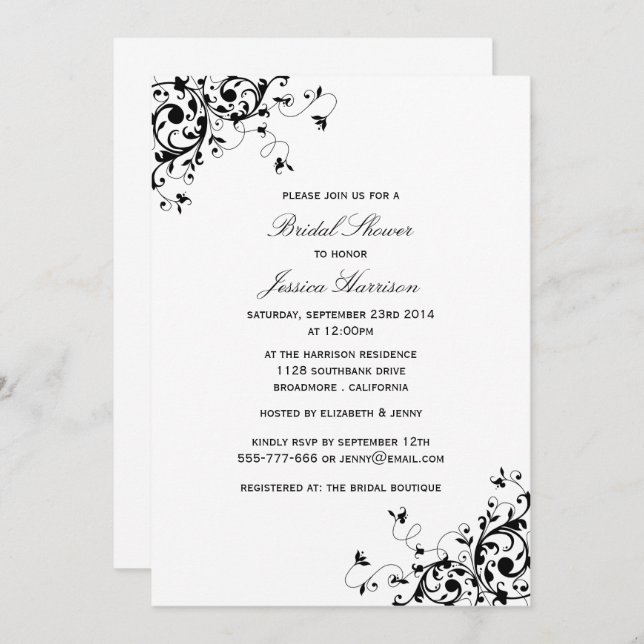 Elegant Swirls Black & White Bridal Shower Invitation (Front/Back)