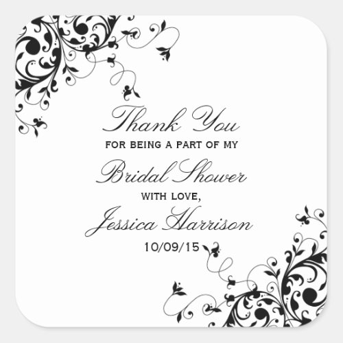 Elegant Swirls Black  White Bridal Shower Square Sticker