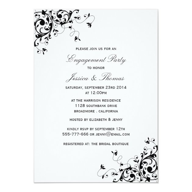 Elegant Swirls Black & White Engagement Party Invitation