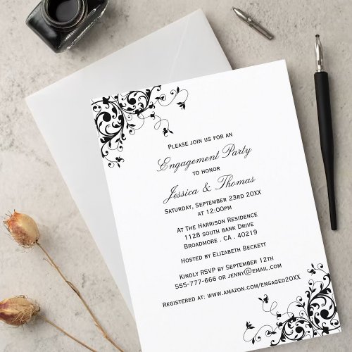 Elegant Swirls Black  White Engagement Party Invitation