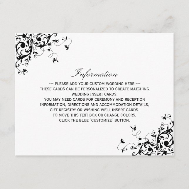 Elegant Swirls Black & White Wedding Detail Enclosure Card (Front)