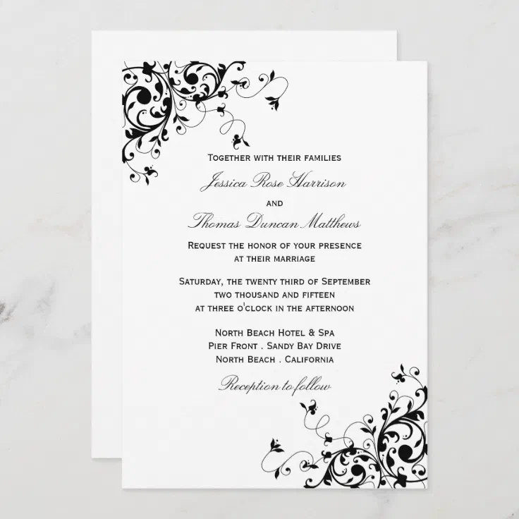 Elegant Swirls Black & White Wedding Invitations | Zazzle