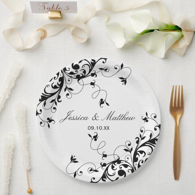 Elegant Swirls Black & White Wedding Paper Plates (Wedding)
