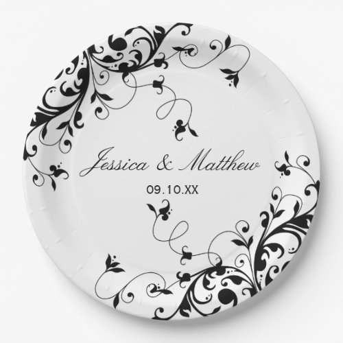 Elegant Swirls Black  White Wedding Paper Plates