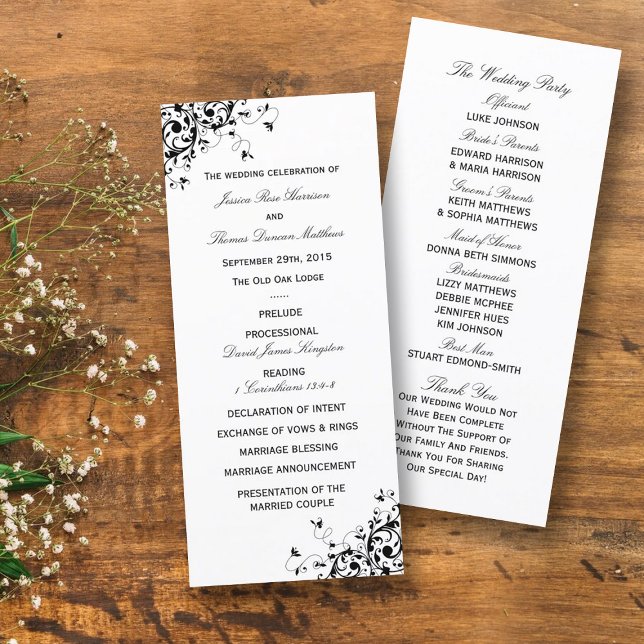 Elegant Swirls Black & White Wedding Program (Creator Uploaded)