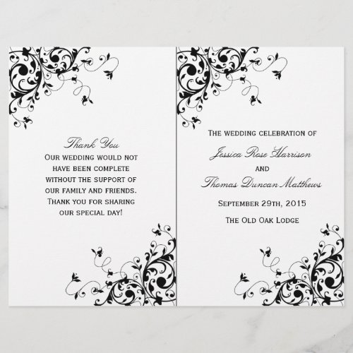 Elegant Swirls Black  White Wedding Program