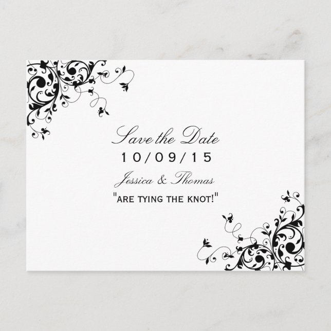 Elegant Swirls Black & White Wedding Save The Date Announcement Postcard (Front)