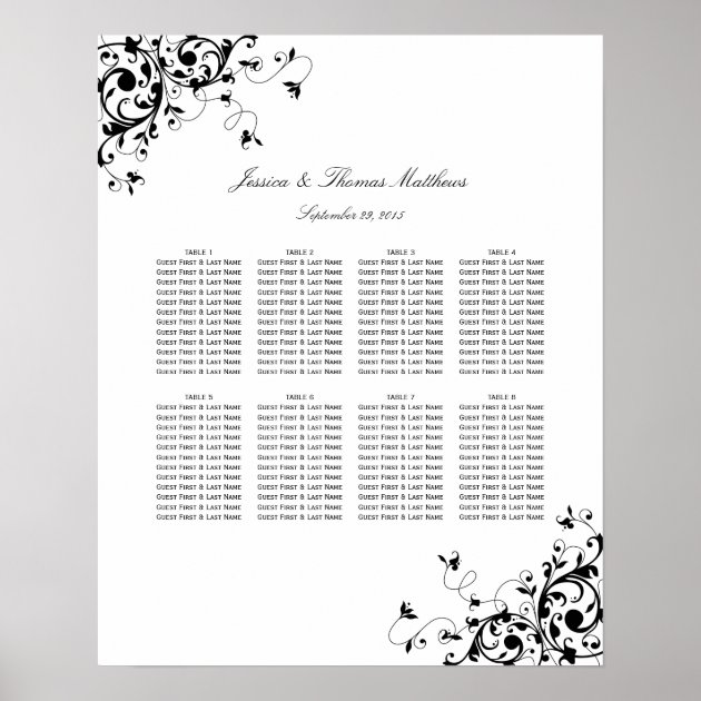 Elegant Swirls Black & White Wedding Seating Chart