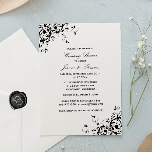 Elegant Swirls Black  White Wedding Shower Invitation