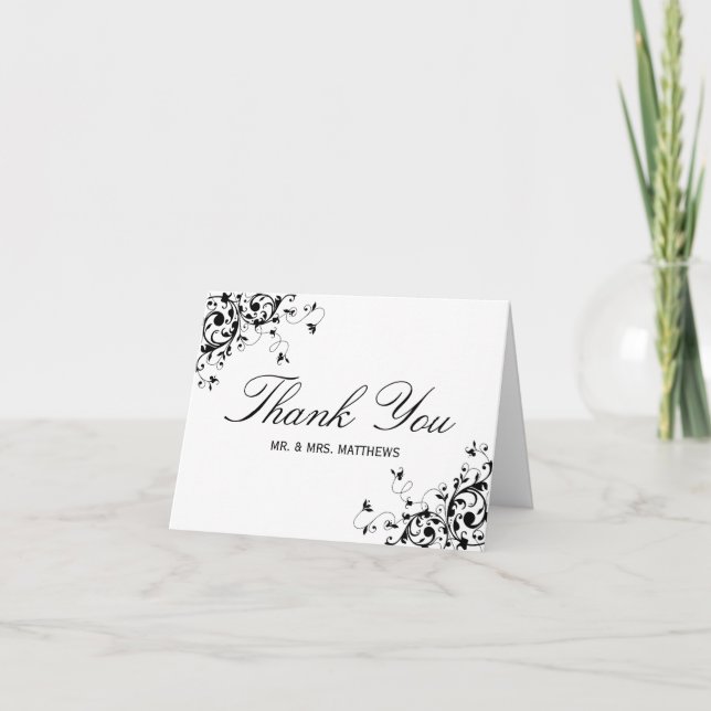 Elegant Swirls Black & White Wedding Thank You Card (Front)