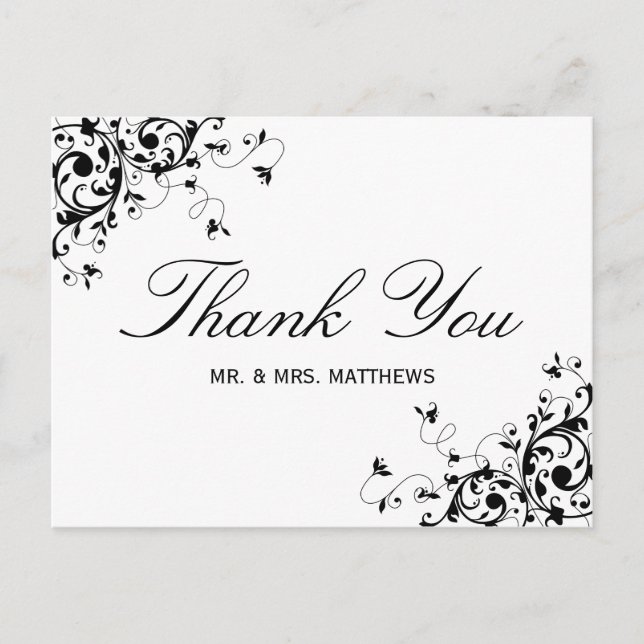 Elegant Swirls Black & White Wedding Thank You Postcard (Front)