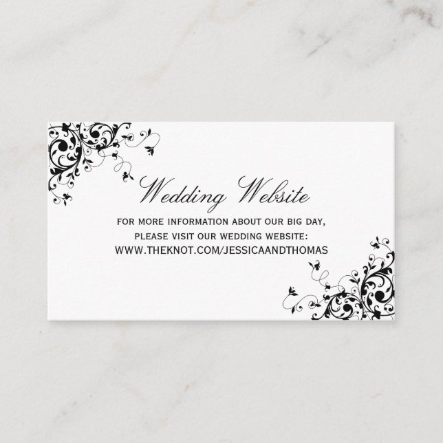 Elegant Swirls Black & White Wedding Website Enclosure Card (Front)