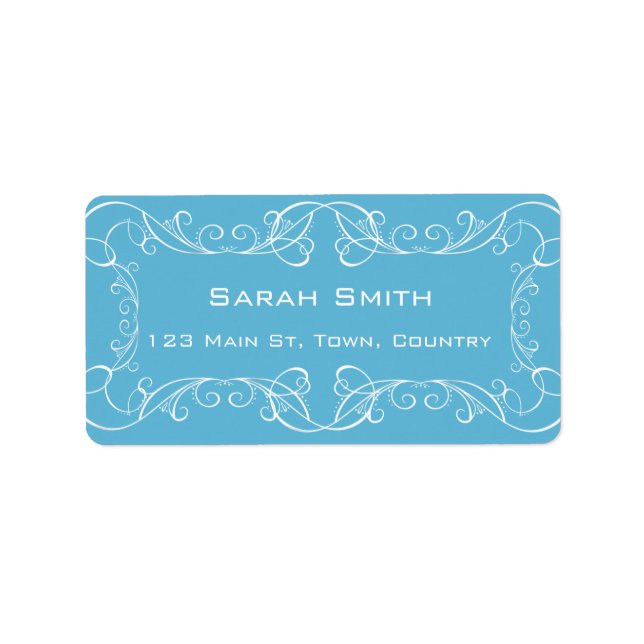 Elegant Swirls Blue Wedding Return RSVP Labels (Front)