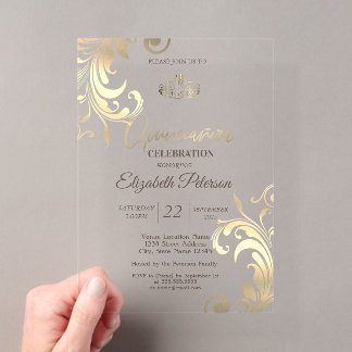 Elegant Swirls Gold Tiara Quinceanera Acrylic Invitations