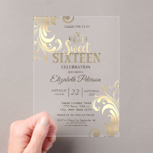 Elegant Swirls Gold Tiara Sweet 16 Party Acrylic Invitations