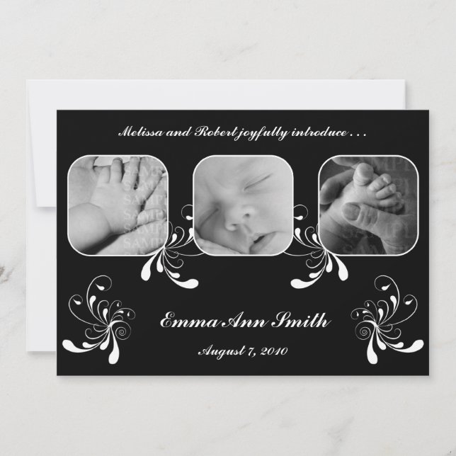 Elegant swirls inblack and white baby announcement (Front)