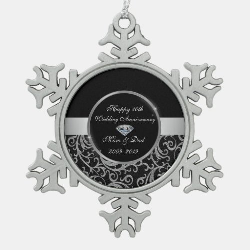 Elegant Swirls Silver 10th Wedding Anniversary Snowflake Pewter Christmas Ornament