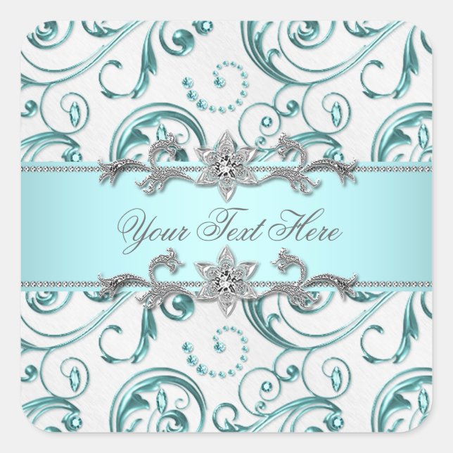 Elegant Swirls Teal Blue Square Sticker (Front)