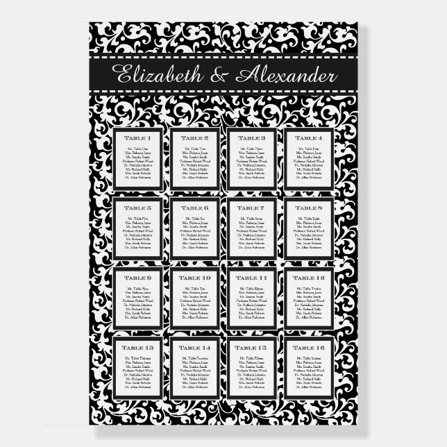 Elegant Swirls Wedding 16 Table Seating Chart Foam Board (Front)
