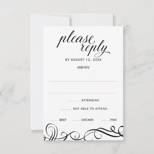 Elegant Swirls Wedding RSVP w/ Meal Choice (Black) (Front)