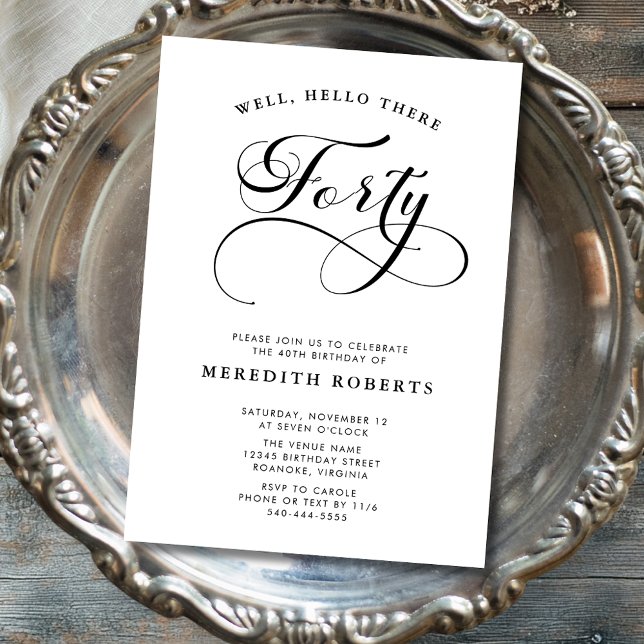 Elegant Swirly Calligraphy 40th Birthday Party Invitation (Elegant Swirly Calligraphy 40th Birthday Party Invitations)
