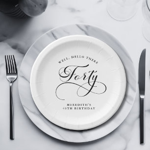 Elegant Swirly Calligraphy 40th Birthday Party Paper Plates