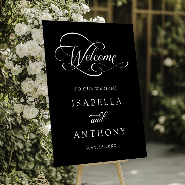Elegant Swirly Calligraphy Wedding Welcome Black Acrylic Sign (Creator Uploaded)