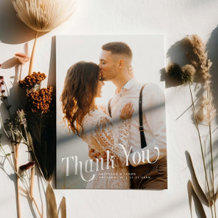Elegant Swirly Typography Wedding Photo Thank You Card