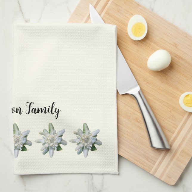 Elegant Swiss edelweiss flower monogram name Kitchen Towel (Quarter Fold)