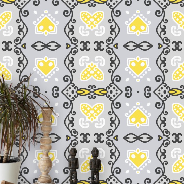 Elegant Symmetrical Yellow Gray Black Ornaments Wallpaper (Creator Uploaded)