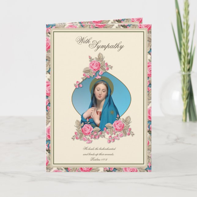 Elegant Sympathy Virgin Mary Pink Roses Card (Front)