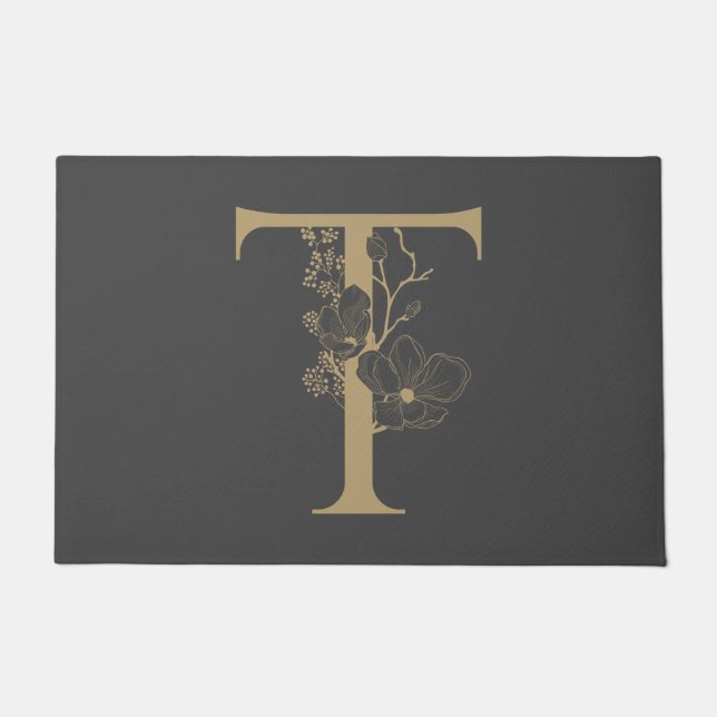 Elegant T Boho Floral Monogram Initial Gray Gold Doormat (Front)